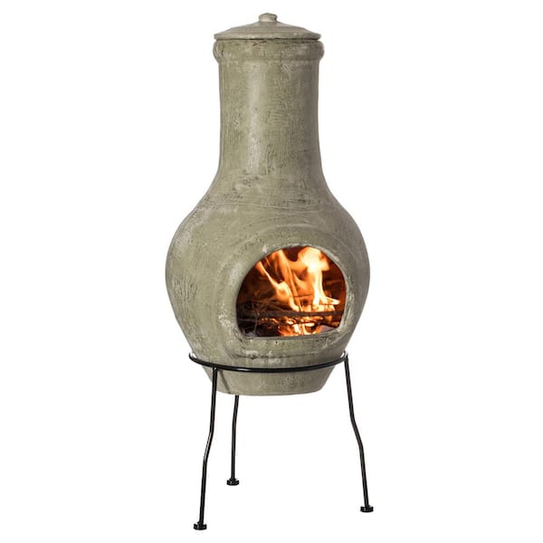 Vintiquewise Outdoor Beige Clay Chimenea Scribbled Design Fire Pit with Metal Stand