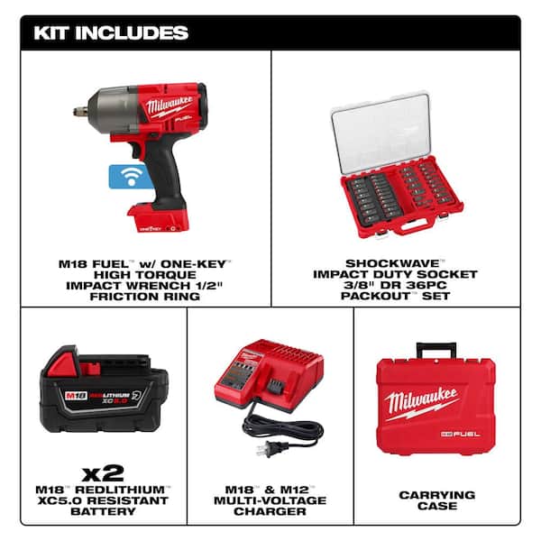 M18 FUEL ONE-KEY 18V Li-Ion Brushless Cordless 1/2 in. High Torque Impact Wrench w/ Batteries & Impact Socket Set
