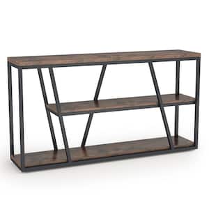 Turrella 59 in. Rustic Brown Rectangle Wood and Metal Console Table with 3-Tier Storage Shelves for Entryway