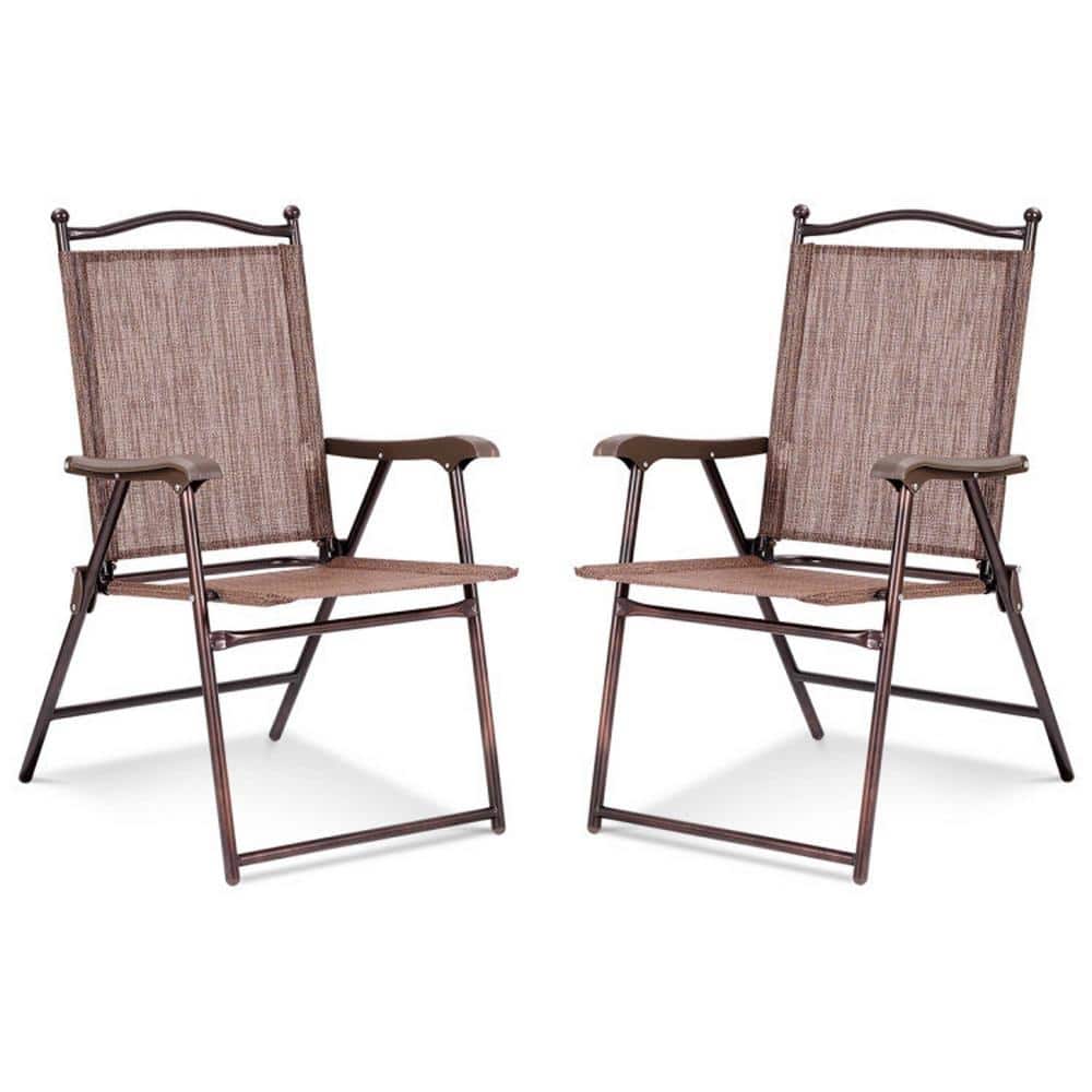 Brown Steel Frame Folding Patio Chairs Set of 2