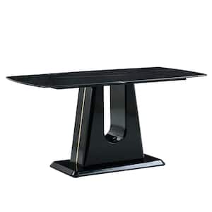 Modern Rectangle Black Faux Marble 32.68 in.Pedestal Dining Table Seats for 6
