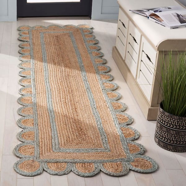 Natural Fiber 2 ft. x 8 ft. Natural/Light Blue Solid Color Runner Rug