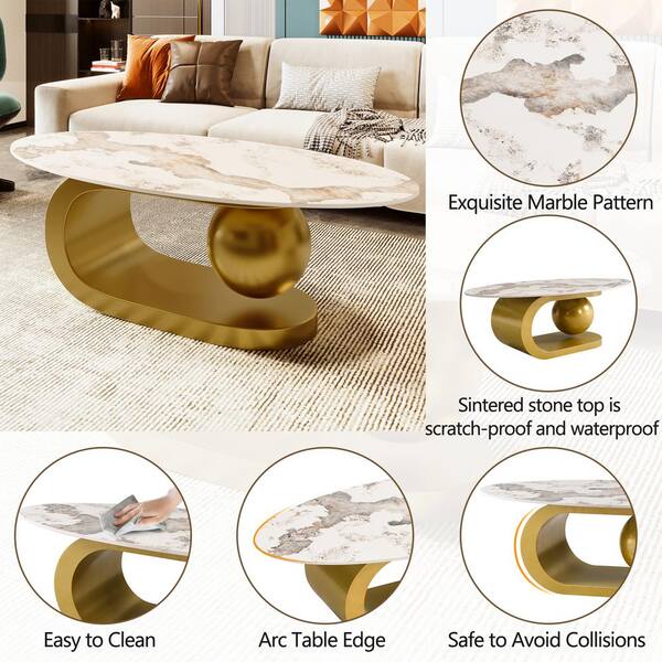 Sudzendf White and Gold Oval Metal Coffee Table Marble