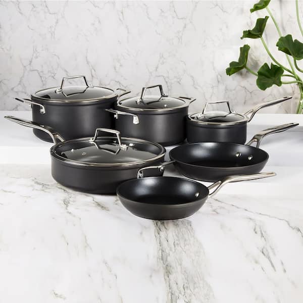 BergHOFF Essentials 5pc Non-Stick Hard Anodized Cookware Set for Two with Glass Lid, Black