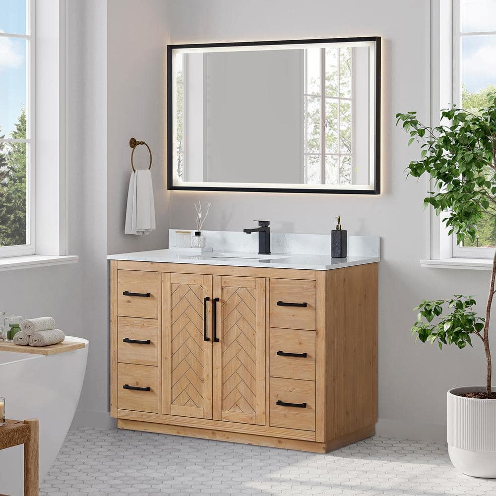Anais 48" Light Brown Wood Vanity with White Stone Top and Mirror