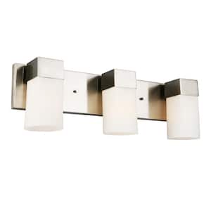Ciara Springs 22.01 in. W x 7.01 in. H 3-Light Brushed Nickel Bathrooom Vanity Light with Frosted Glass Square Shades