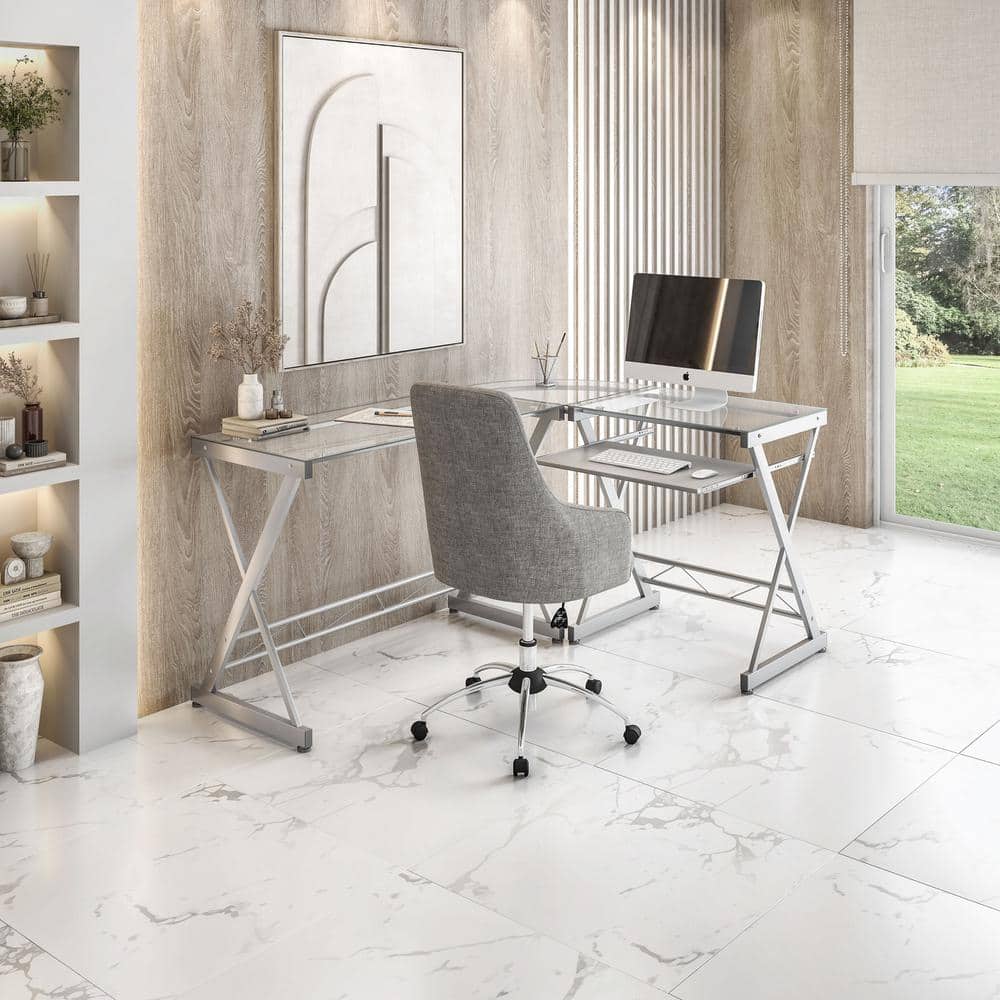 Reno Clear L-Shaped Glass Computer Desk with Keyboard Tray