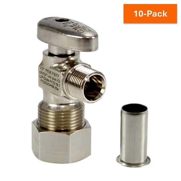 1/2 in. Compression x 3/8 in. OD Compression Lead-Free Brass Angle Stop Valve with PEX Stiffener (10-Pack)