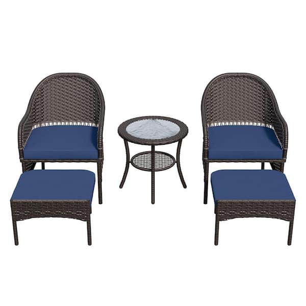 5-Piece Outdoor Wicker Patio Conversation Seating Set with Blue Cushions