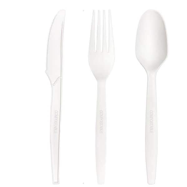 White Neutral Compostable Disposable Plant-Based Cutlery Utensils Set Fork Knife Spoon Heavy Duty 150 Per Case