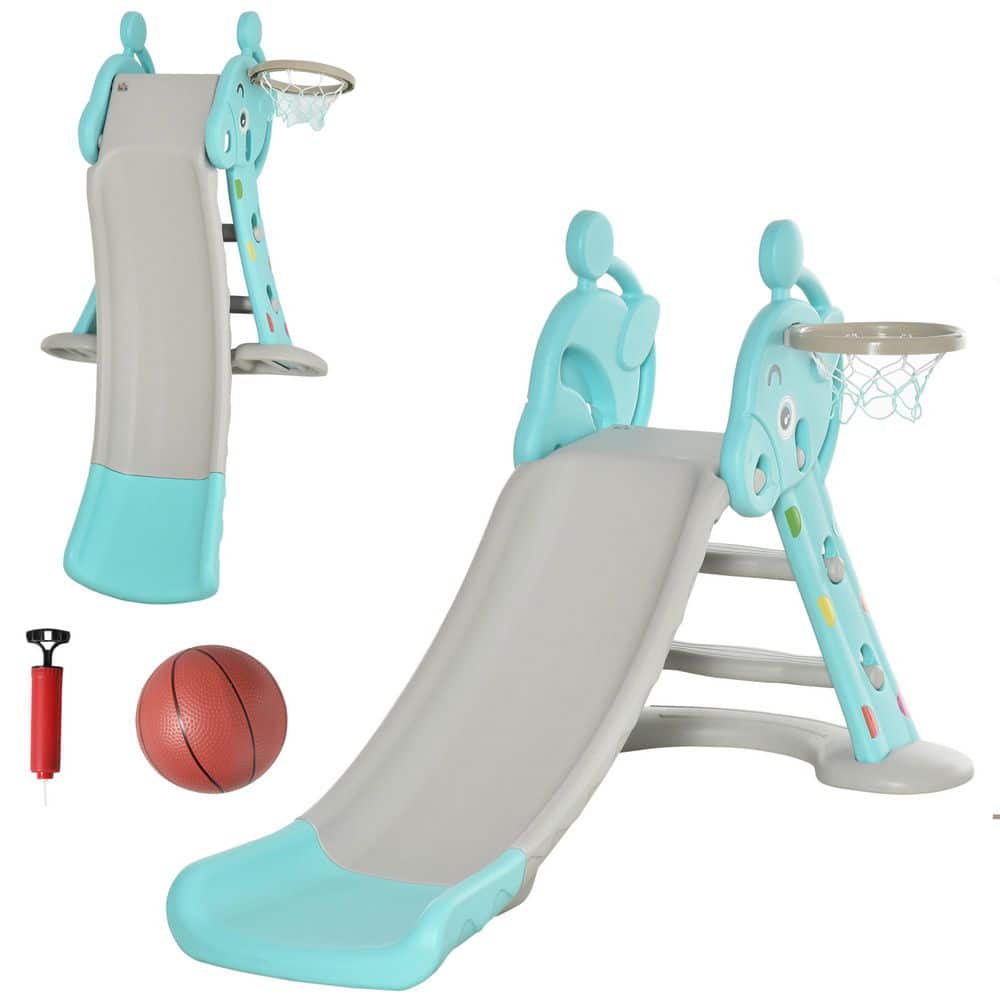 2-in-1 Blue Kids Foldable Slide with Basketball Hoop for 4.8 ft.