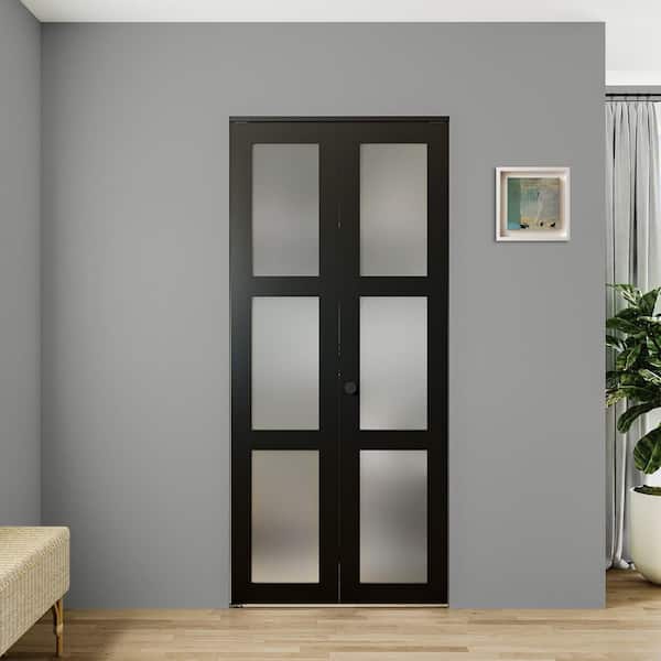24 in. x 78 in. 3-Lite Frosted Glass Solid Core Black Finished MDF Closet Bi-Fold Door with Hardware Kit