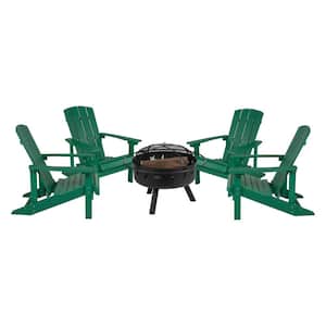 Green 5-Piece Faux Wood Resin Patio Fire Pit Set