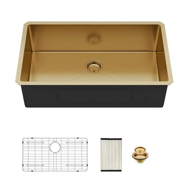32 in. Undermount Single Bowl 16 Gauge Gold Stainless Steel Kitchen Sink with Bottom Grids