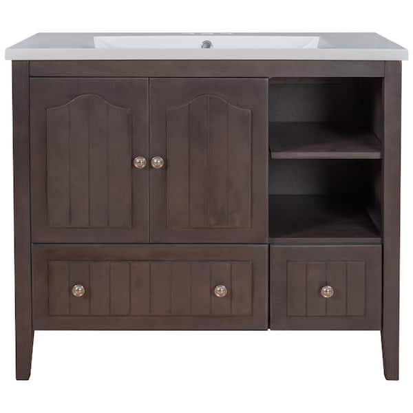 Unbranded 36 in. W x 18.03 in. D x 32.13 in. H Bathroom Vanity with Sink Brown Bathroom Cabinet with White Ceramics Top