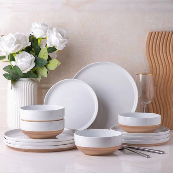 12-Piece Ceramic Dinnerware Sets with Rustic Terracotta Underside, Handpainted Plates and Bowls Set, White