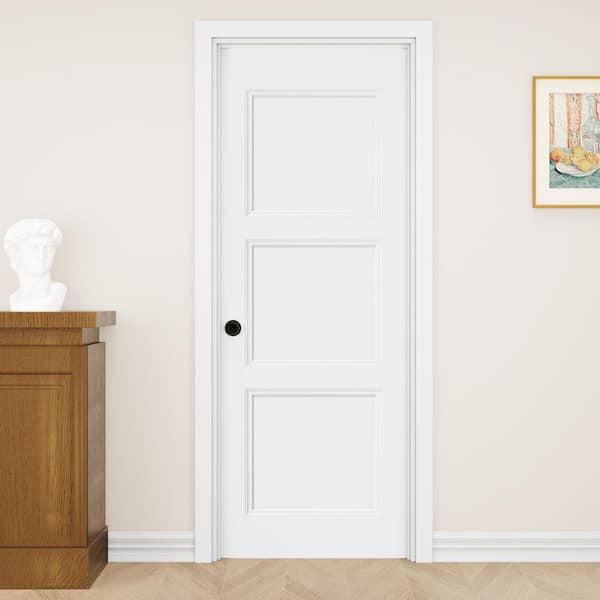 28 in. x 80 in. 3-Panel Right-Handed Painted Solid Core Wood Single Prehung Interior Door with Split Jamb and Lever