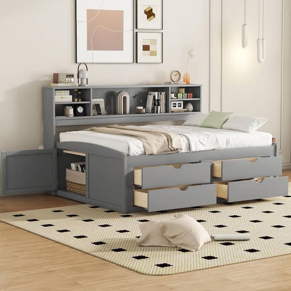 Kyle Gray Wood Full Size Daybed with 2 Bedside Cabinets, Upper Shelves, 4 Drawers