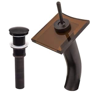 Square Single Hole Single-Handle Bathroom Waterfall Faucet with Drain and Assembly in Oil Rubbed Bronze and Tea Glass