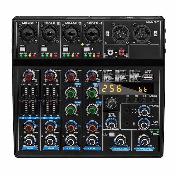 6 channel compact audio mixer console with Bluetooth USB and sound card in black single pack