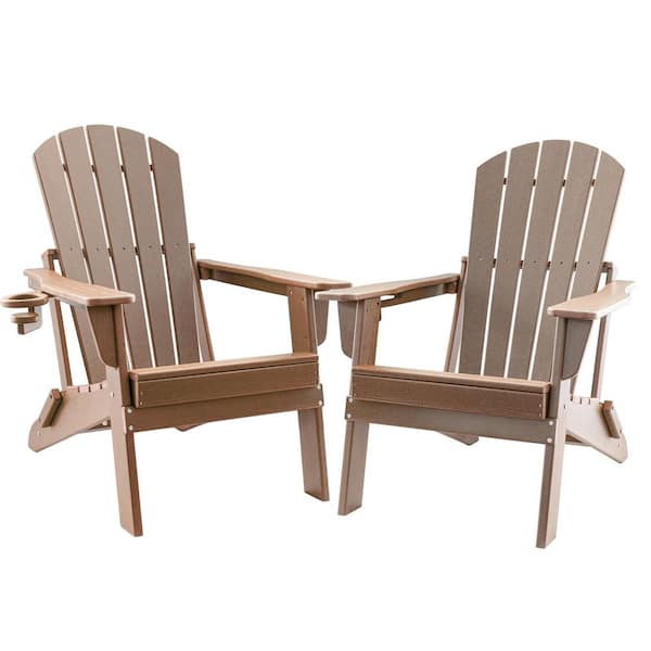 UPLAND HDPE Folding Adirondack Chair with Cup Holder, Weather-Resistant, Low Maintenance, Supports up to 400lbs, Teak, 2 Pack