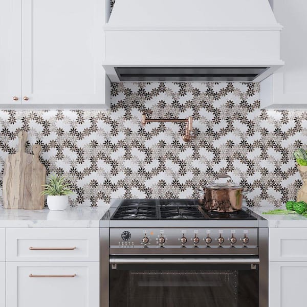 Gray and White 10.7 in. x 12 in. Floral Polished Marble Mosaic Tile (4.46 sq. ft./Case)