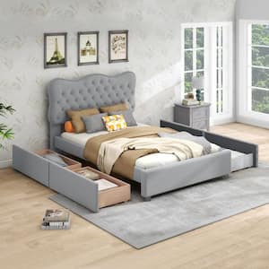 Gray Wood Frame Queen Size PU Upholstered Platform Bed with Button-Tufted Headboard, 4-Drawers, Nail Head Trim