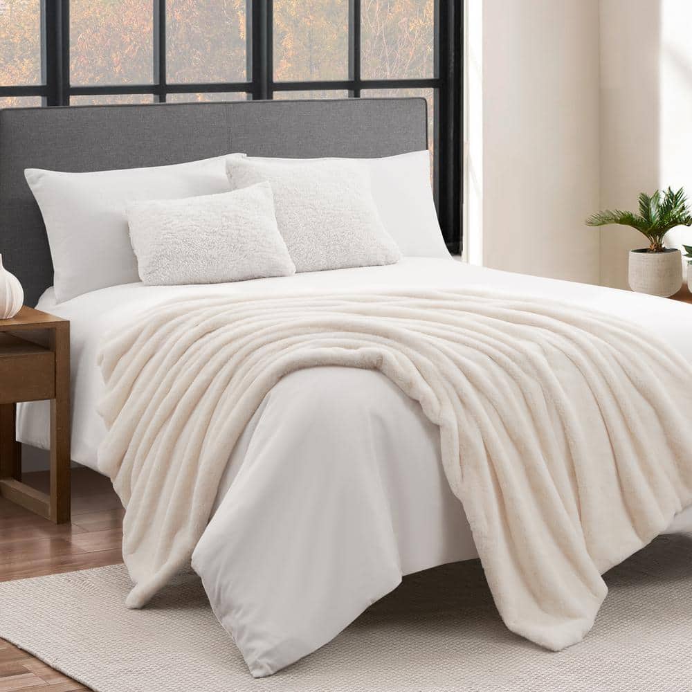 Ivory Faux Rabbit Fur Reversible Throw Blanket 50" x 70"