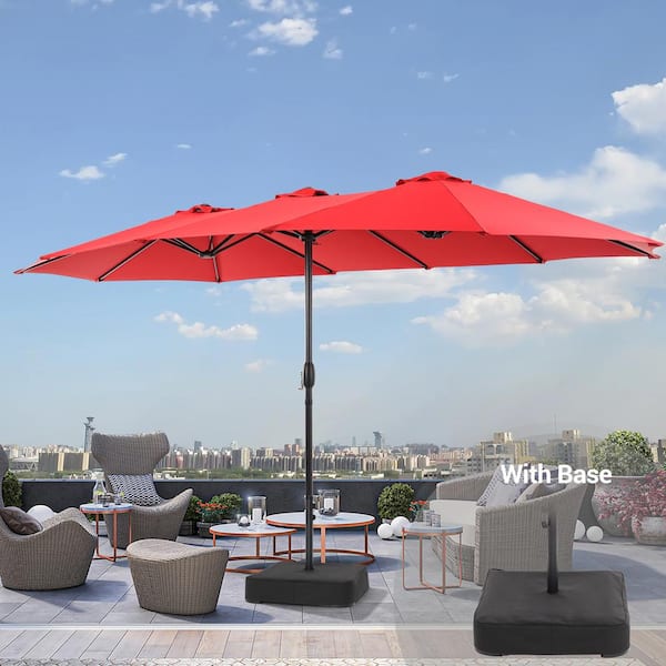 JOYESERY 15 ft. x 9 ft. Steel Frame Outdoor Double-Sided Patio Market Umbrella with Crank and Base in Chili Red