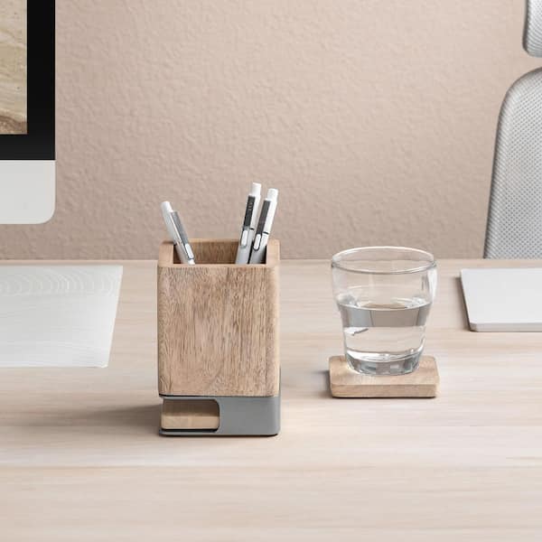 Solid Wood Pen Cup Holder with 2-Coasters