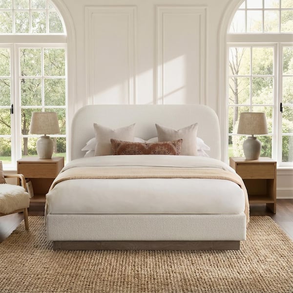Dyvo Modern Cream White Boucle Upholstered and Light Grey, Camel Oak Metal Frame Queen Platform Bed w/ High Headboard