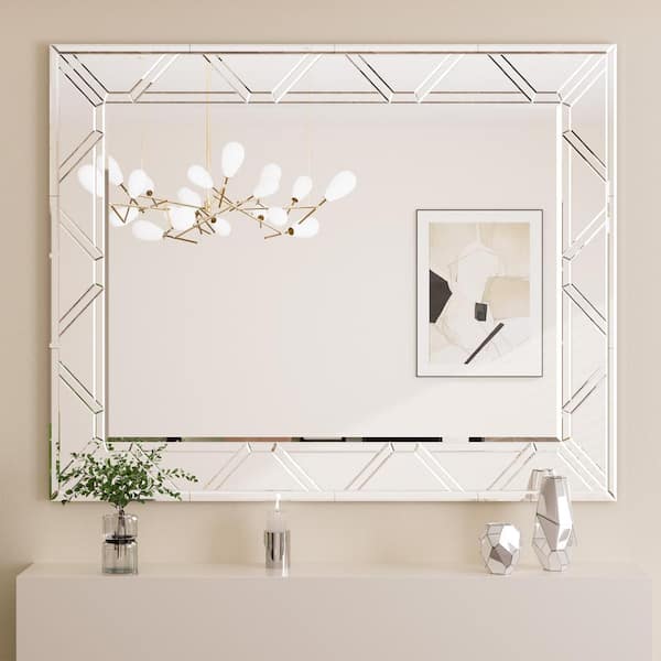 KeonJinn 48 in. W x 40 in. H Rectangular Frameless Decorative Wall Mirror Bevel Glass Art Bathroom Vanity Mirror Silver