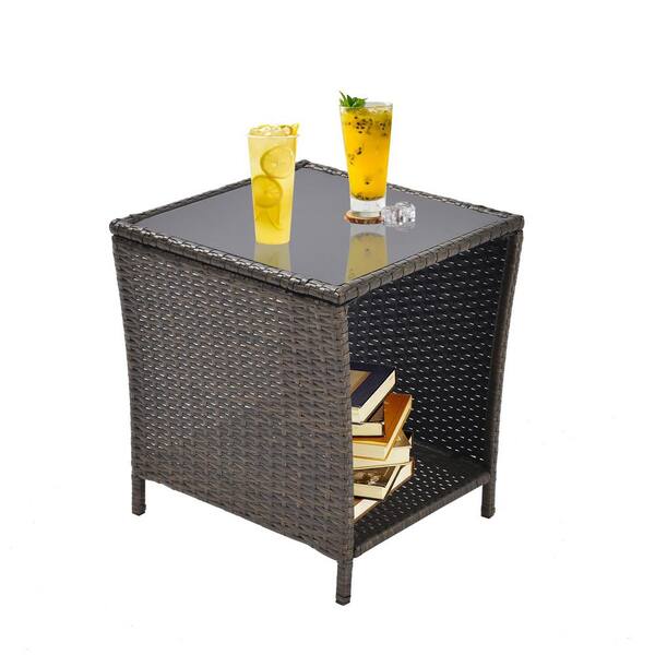 FIROMO All Weather PE Rattan and Steel Frame Outdoor Side Coffee Table with Storage Shelves, Square Patio Furniture, Black Gold