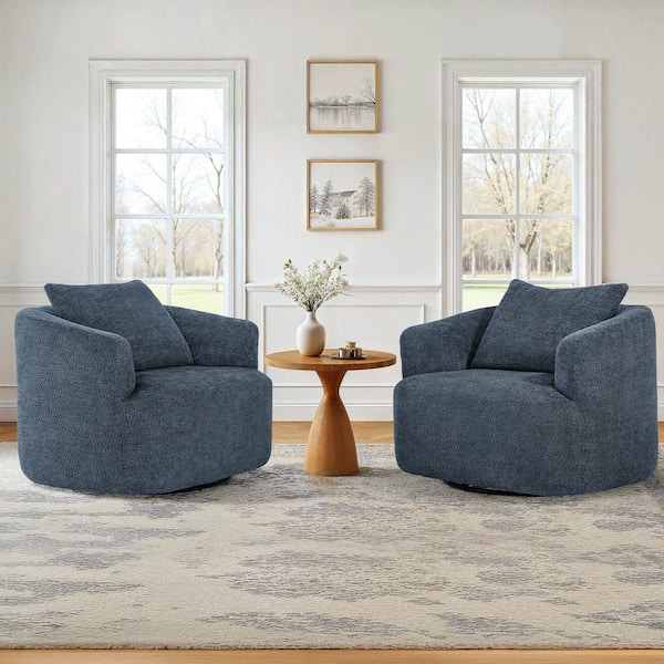 Navy Chenille Fabric Upholstered 360° Swivel Barrel Accent Chair Metal Base Swivel Arm Chair with Pillow (Set of 2)