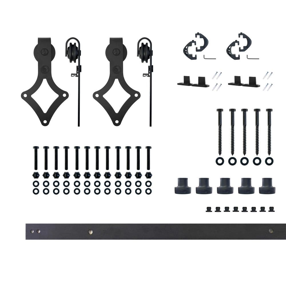 7 ft./84 in. Black Rustic Non-Bypass Sliding Barn Door Hardware Kit Diamond Design Roller for Double Doors price history on PriceWatchPro
