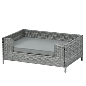 35.04 in. W Gray Wicker Outdoor Dog Bed, Pet Bed Day Bed with Gray Cushions