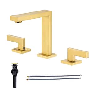 Square 8 in. Widespread 2-Handle Bathroom Faucet with Drain Kit and Water Supply Lines Included in Brushed Gold