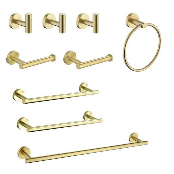 Tenleaf 9-Piece Stainless Steel Bath Hardware Set with Towel Bar, Towel Ring, Robe Hook, Toilet Paper Holder in Brushed Gold