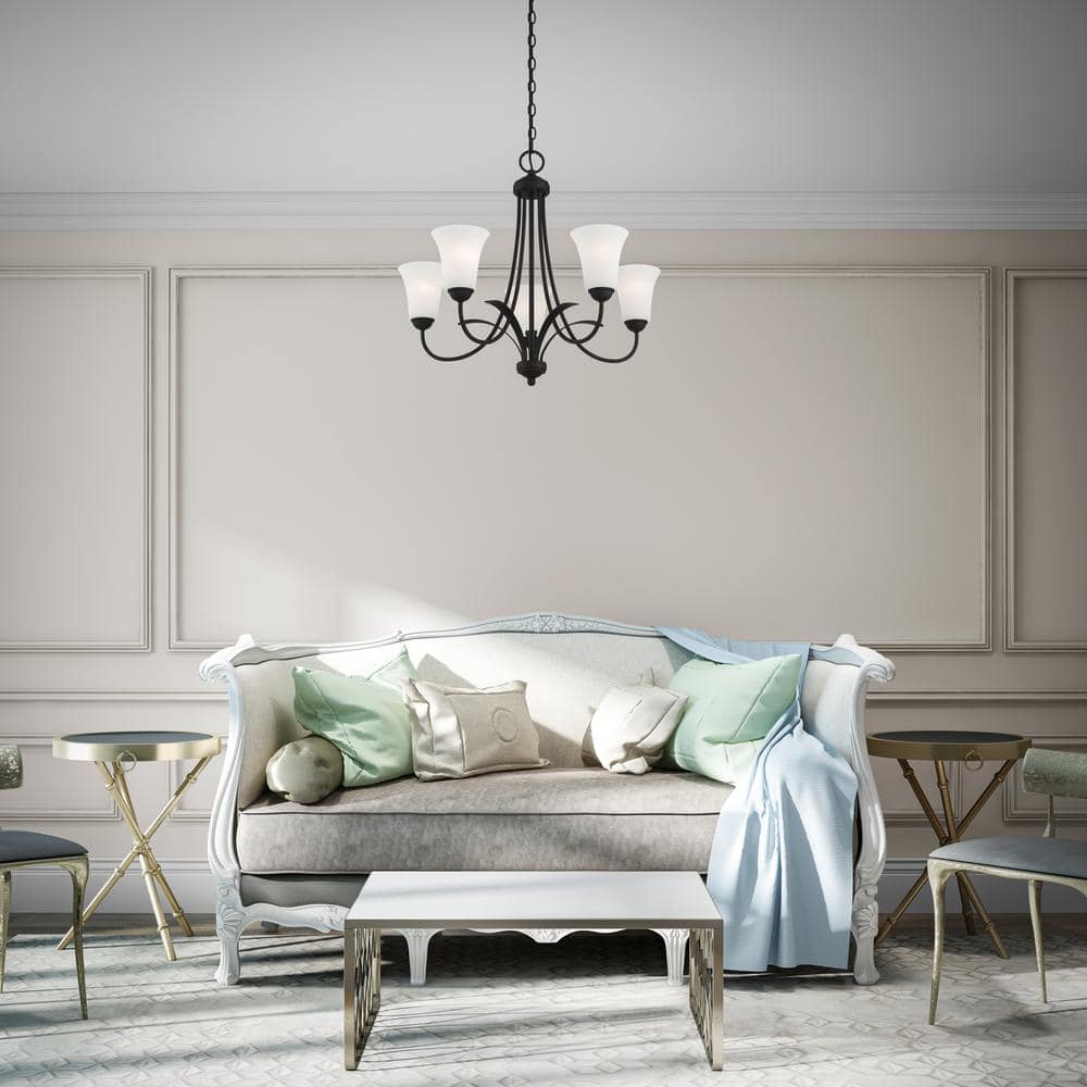 Elegant Transitional 5-Light Chandelier in Black with Satin Opal White Glass