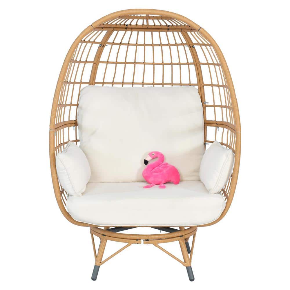 Oversized Patio Wicker Egg Chair, Outdoor Lounge Chair with Beige Cushions 