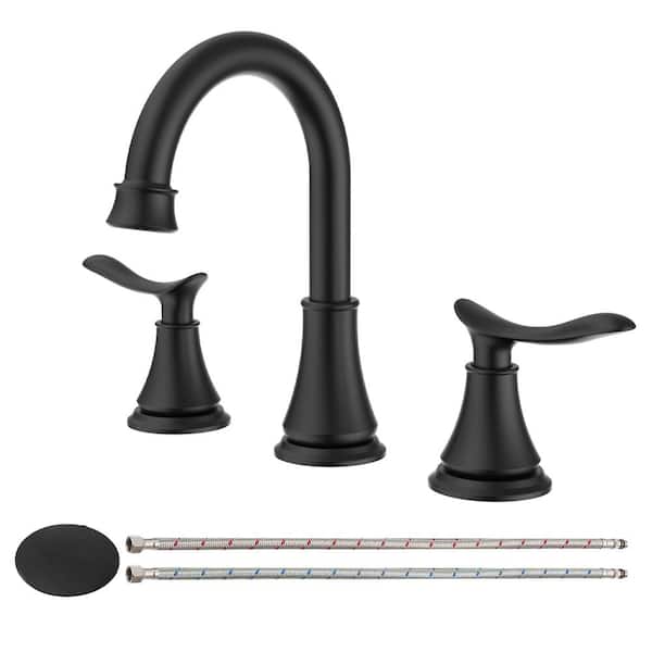 Fapully Deck Mount 360° Double Handles 8 in. Widespread Double Handle Bathroom Faucet with Drain Kit in Matte Black
