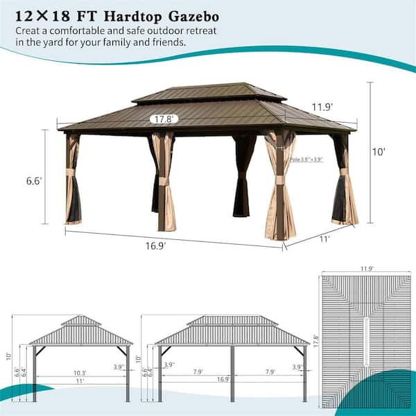 12 ft. X 18 ft. Brown Hardtop Gazebo, Aluminum Metal Gazebo with Galvanized Steel Double Roof Canopy,Curtain and Netting