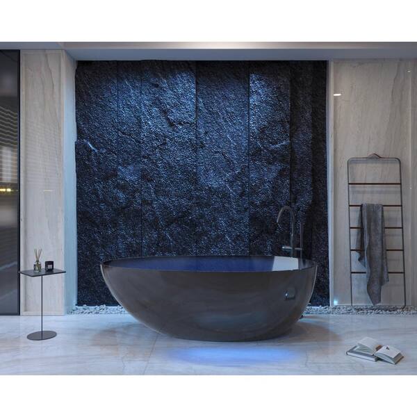 Moray 67 in. x 34 in. Stone Resin Flatbottom Solid Surface Freestanding Soaking Bathtub in Black with Brass Drain