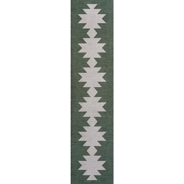 Chayton Minimalist Geometric Machine-Washable Dark Green/Light Gray 2 ft. x 8 ft. Runner Rug
