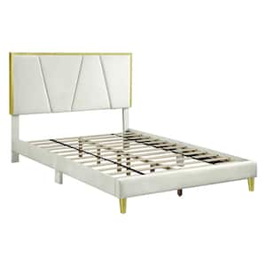 Chedda Beige Upholstered Wood Frame King Platform Bed With Gold Trim