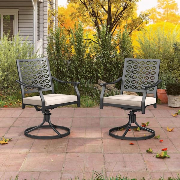 Metal Outdoor Swivel Chairs Patio Dining Chairs with Beige Padded Cushion High Back (2-Pack)