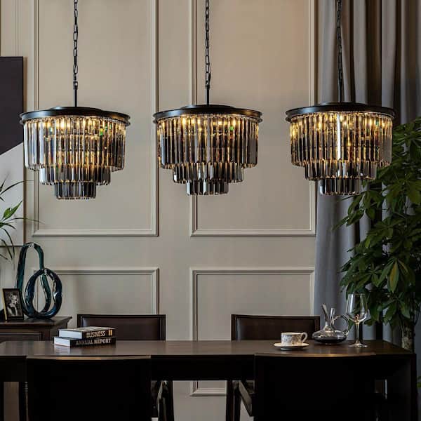ALOA DECOR 6-Lights 20 in. W Modern 3-Tier Matte Black and Smoke