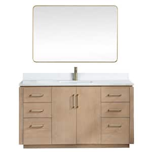 San 60 in.W x 22 in.D x 33.8 in.H Single Sink Bath Vanity in Washed Ash Grey with White Composite Stone Top and Mirror