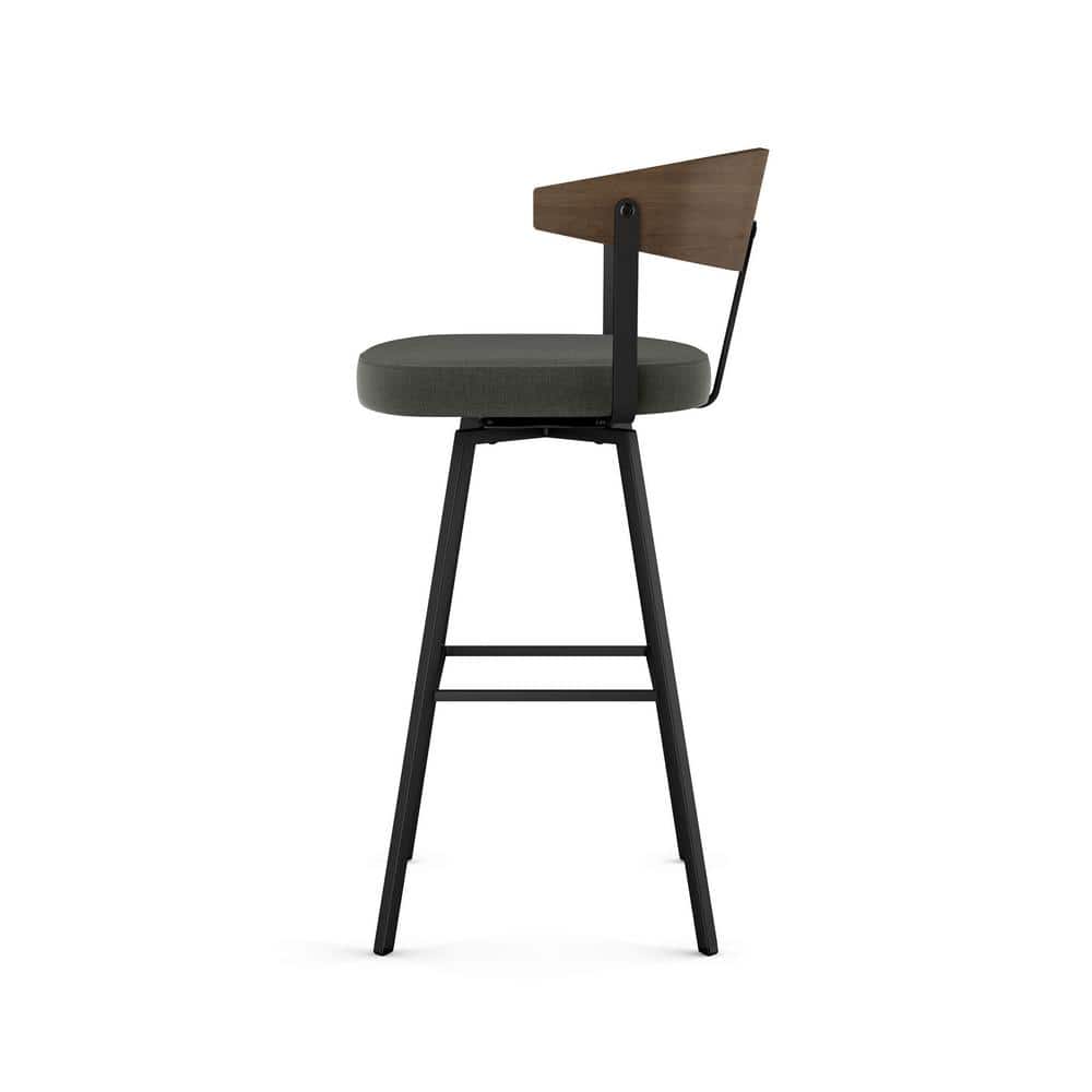 Charcoal Gray Swivel Bar Stool with Wooden Back
