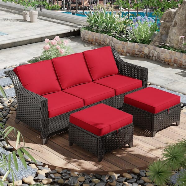JOYSIDE Wicker Outdoor Patio Sofa Sectional Set with Red Cushions and Ottoman